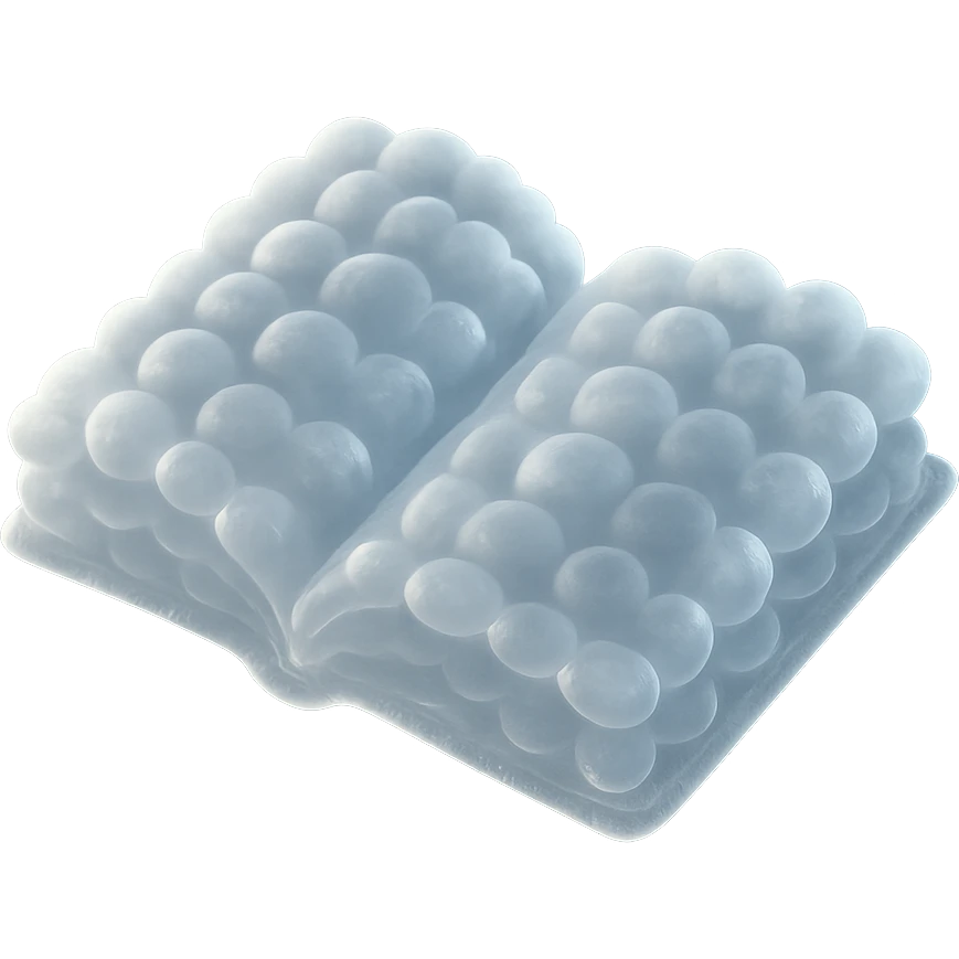top view of a thick open book made entirely of small, very bright white fluffy convex clouds, matte glass style emoji