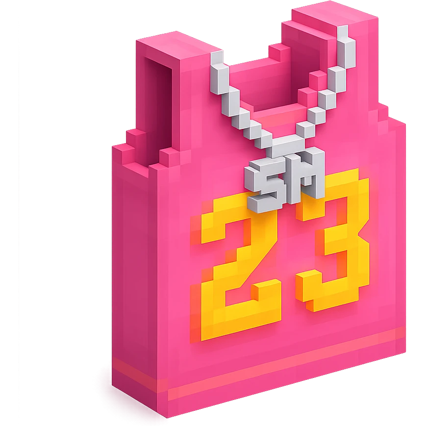 светящейся розовая баскетбольная майка с надписью "23" и серебряная цепь с надписью "SM", no background emoji