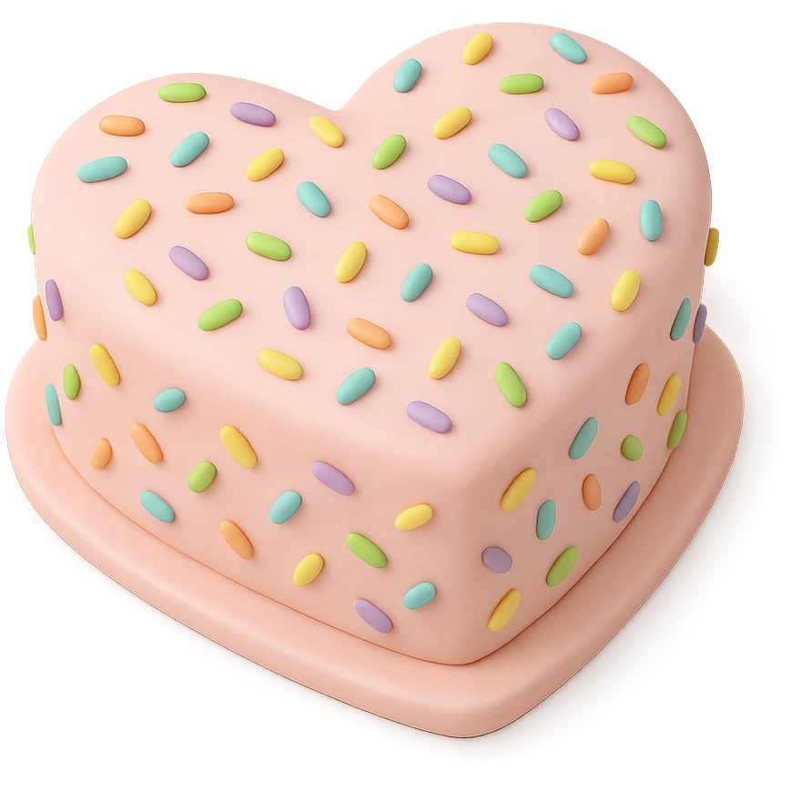 heart-shaped fondant cake with rainbow confetti emoji