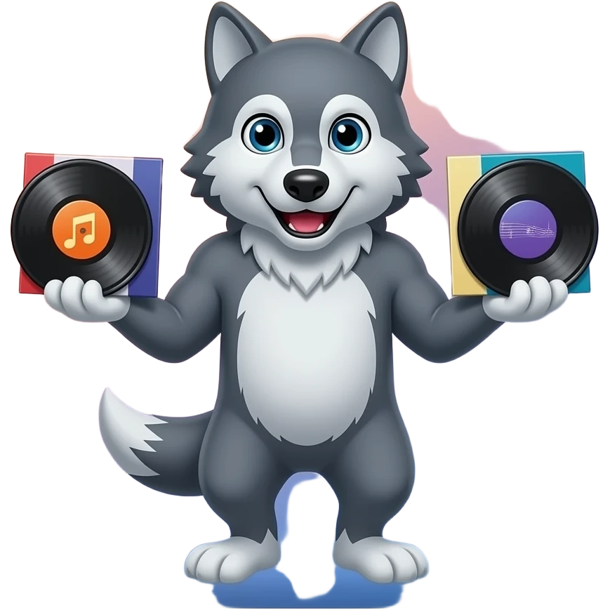 rocky wolf with rock music albums in his hands rounded square outter form gradients emoji