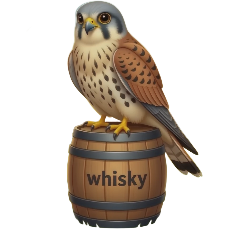 kestrel sitting on a vertically standing whisky barrel. the barrel is clearly stenciled "whisky" and is standing outdoors with a sunrise in the background emoji