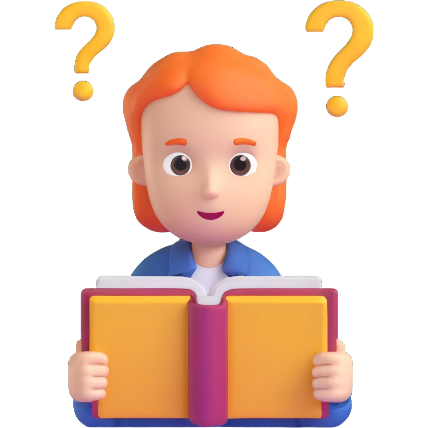 thoughtful character with question marks and open book emoji