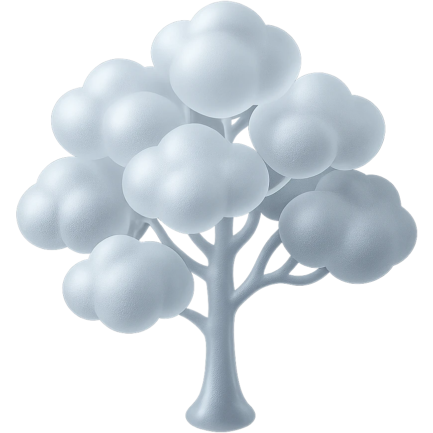 one tree with many branches and a white trunk, crown made of small very bright white fluffy convex clouds, matte glass style emoji