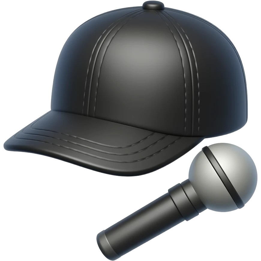 iOS-like 3D emoji icon of a black hip-hop cap and a microphone only, soft rounded glossy texture, simple minimal design, clean white background, centered composition. No face, no person, no character, no head, no extra objects. emoji
