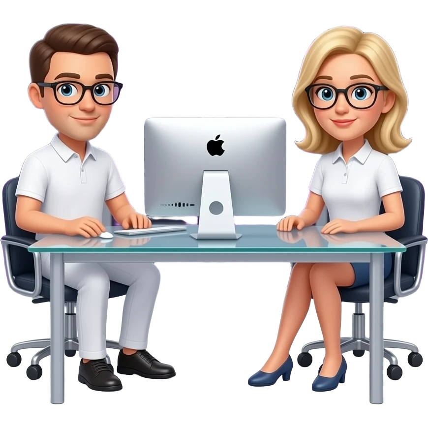 the background is blurred, in the background there is a silver server cabinet with purple backlighting, a glass table, and an imac computer, next to it there are two men with glasses, dressed in white pants and a polo shirt, and an attractive girl, a blonde with glasses, is sitting at the table, emoji