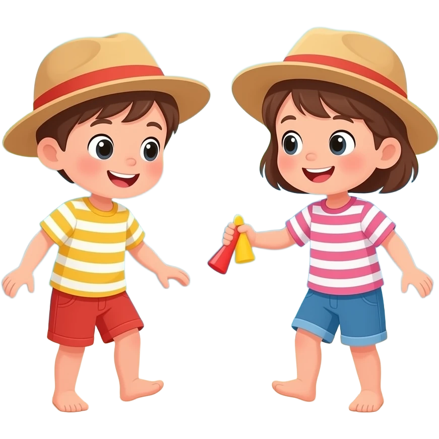 мультяшные дети играют на песке около озера без головных уборов emoji