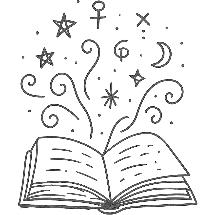 Открытая магическая книга в стиле дудлинг. Из её страниц вылетают завитки магии, звёздочки, луны, искры и таинственные символы. emoji