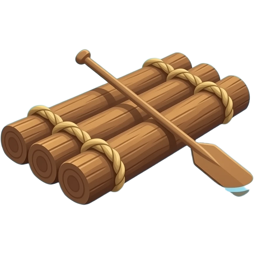 “Wooden log raft made from lashed logs, flat platform with no hull ...