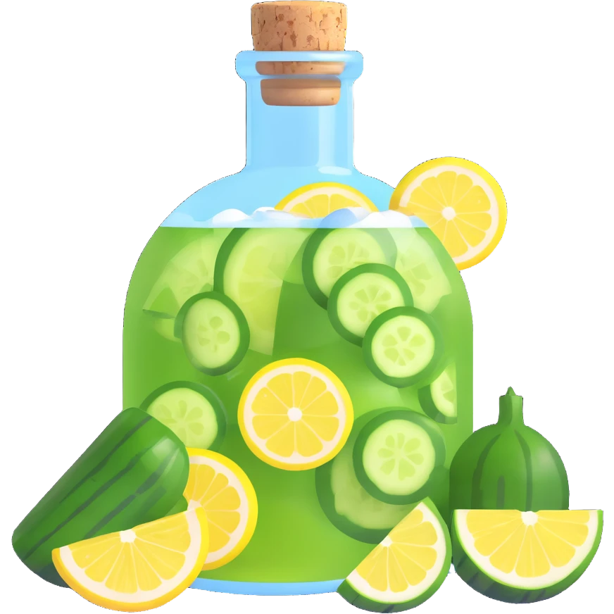 beautiful 3D cocktail in a round bottle with a very small neck and cork, liquid color #6fdef1, inside cucumber slices, lemon slices, and ice cubes, realistic, vibrant, visually appealing emoji