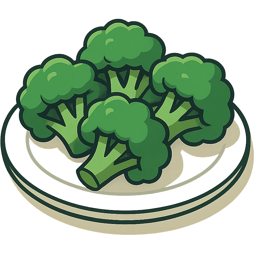 a plate with several broccoli florets, 2D isometric illustration style emoji