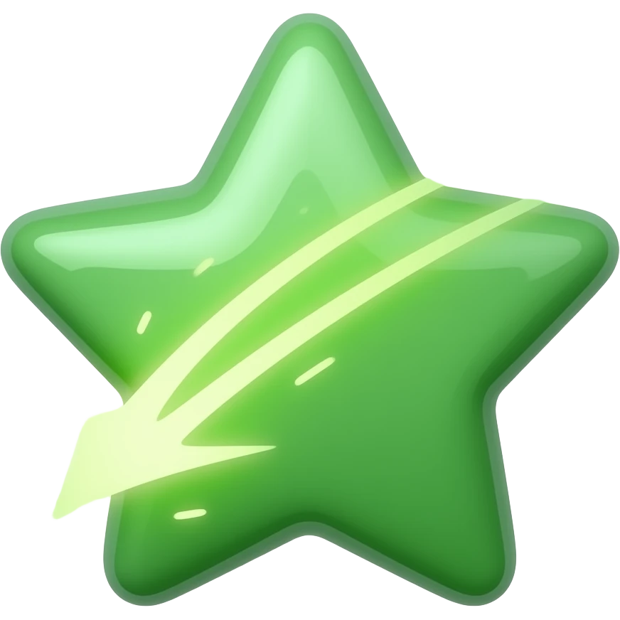 iOS emoji style, glossy 3D icon of a green shooting star with rounded edges, smooth soft plastic material, subtle reflections, minimalist design, comet-like trailing tail made of soft glowing particles, clean centered composition, high detail, transparent background, playful but elegant look emoji