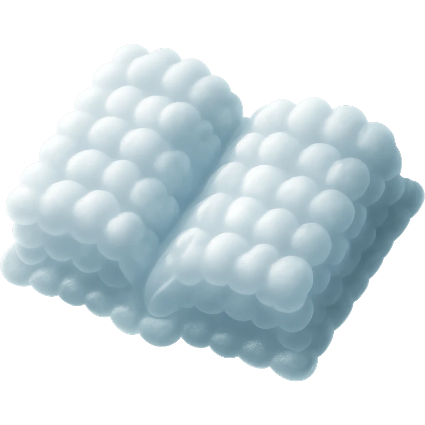 top view of a thick open book made entirely of small, very bright white fluffy convex clouds, matte glass style emoji