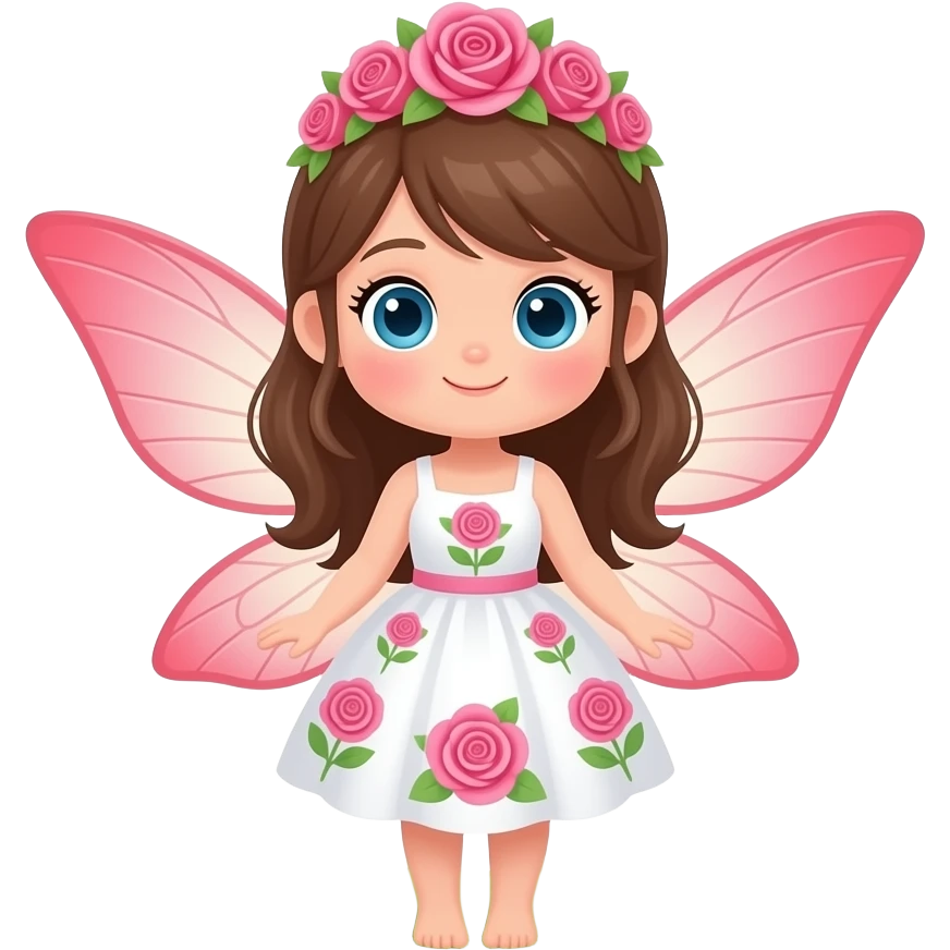 Cute cartoon fairy with large blue eyes and brown hair in a pink rose crown, wearing a white dress with pink and green rose floral patterns, her translucent light red wings spread as she stands in a lush green garden of pink and cream roses and small pink wildflowers. emoji