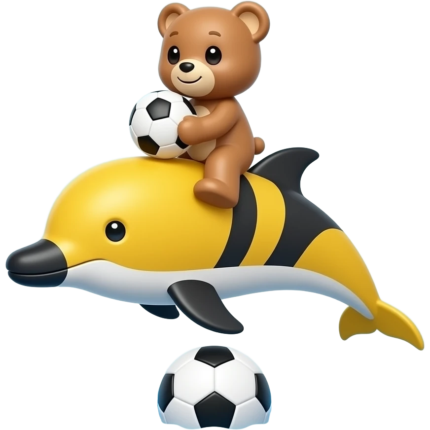 teddybear riding a yellow black dolphin with soccerball in circle  with wave emoji