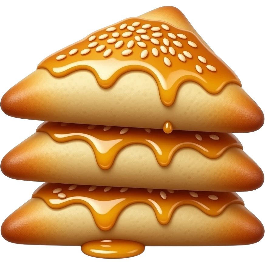 Realistic Moroccan brioua (briwat), small golden crispy pastry (triangle or cigar shape), fried warka dough, light honey glaze with sesame seeds, stacked naturally, authentic look, soft lighting, centered, ultra detailed. emoji