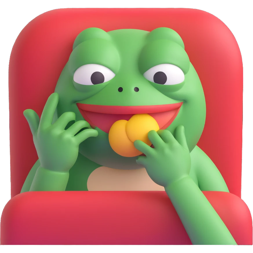 Pepe the Frog in a 3D emoji style, one hand over mouth, cheeks puffed, trying not to laugh, with a speech bubble 'bus garso'. Playful style similar to reference, no hat, cigar, drink, or bottle. Variant 3. emoji