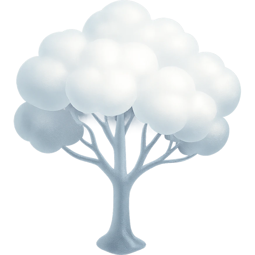 one tree with many branches and a white trunk, crown made of small very bright white fluffy convex clouds, matte glass style emoji