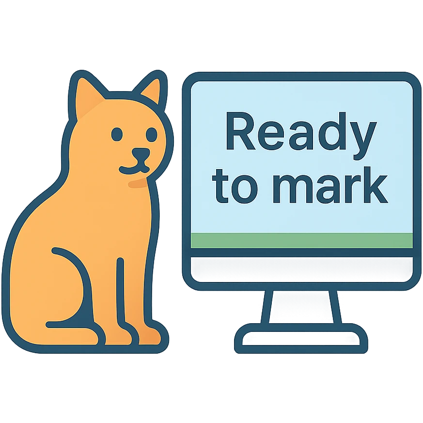 A cat sitting next to a computer with the inscription 'Ready to mark' emoji