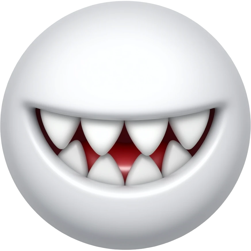 Create a cute 3D emoji icon of white vampire fangs, sharp pointed teeth with a small red gum detail. Spooky cute style, glossy, soft shadows, centered on transparent background. No face, no mouth, no character, no text. emoji