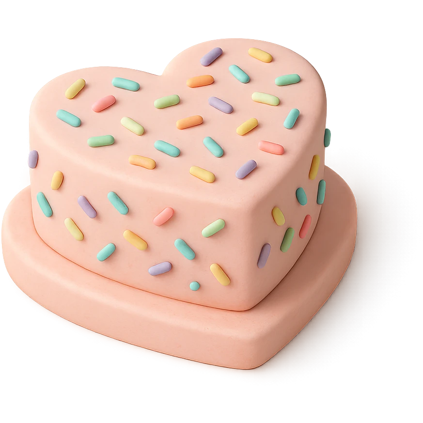 heart-shaped fondant cake with rainbow sprinkles, transparent background emoji