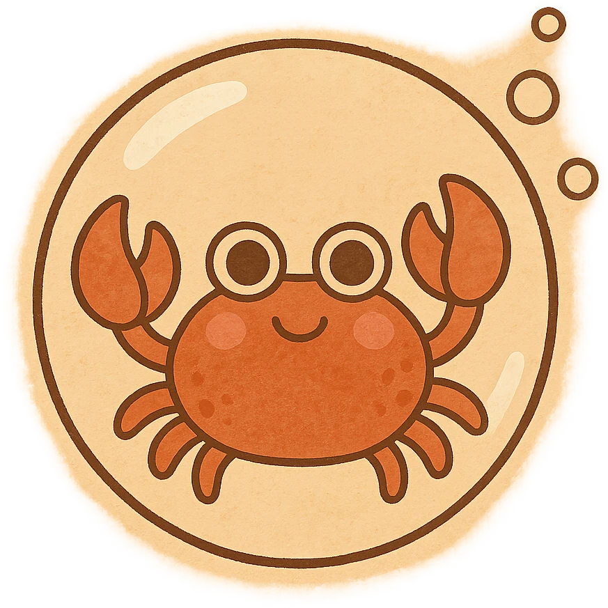 adorable crab with big eyes inside a floating bubble, minimal background, fun and lighthearted emoji