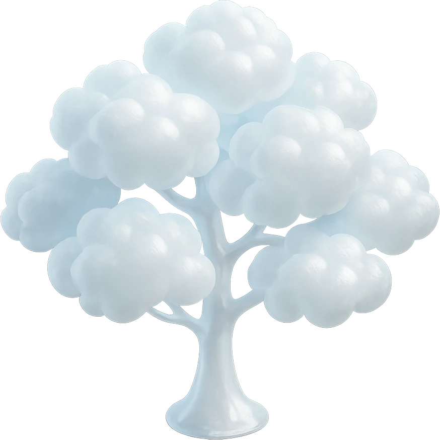 one tree with many branches and a white trunk, crown made of small very bright white fluffy convex clouds, matte glass style emoji