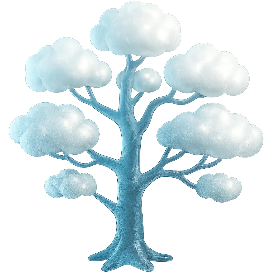 one tree with many branches and a white trunk, crown made of small very bright white fluffy convex clouds, matte glass style emoji