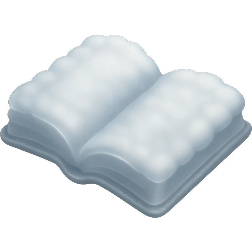 top view of a thick open book made entirely of small, very bright white fluffy convex clouds, matte glass style emoji