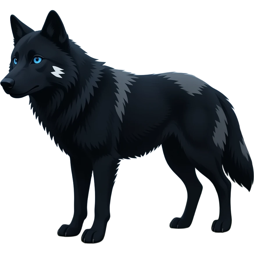 black wolf with blue eyes and greyish white markings over the left eye around the eye,  and a light grey patch on the torso and tail emoji