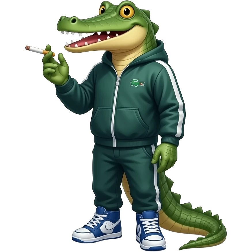 Un cocodrilo con forma humana vestido con un chandal Lacoste y zapatillas tuned fumando emoji