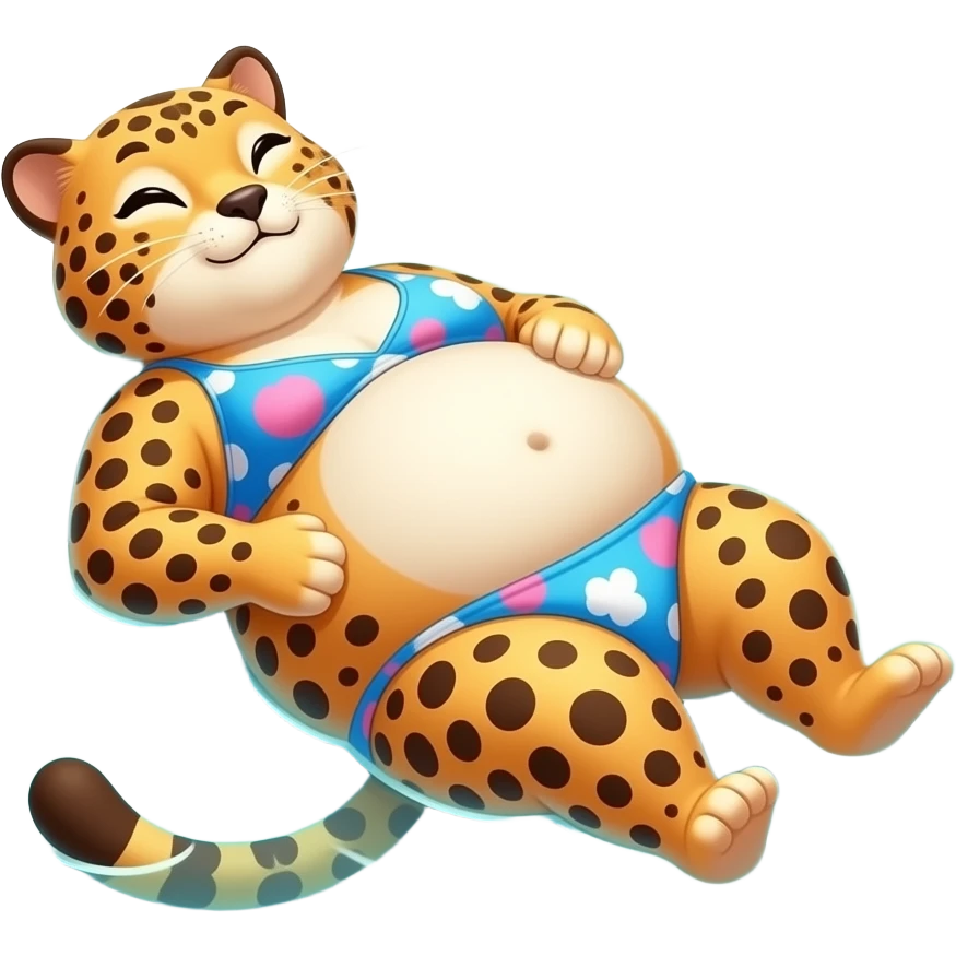 A cheetah enjoys beach holiday in her swimmers,but she is so full from a lunch break that she is about to burst,Then her fat Tummy rolls & drops out,she will just lay on her back in the shallow cool water,her gluttonous belly promotes a good resort business. emoji
