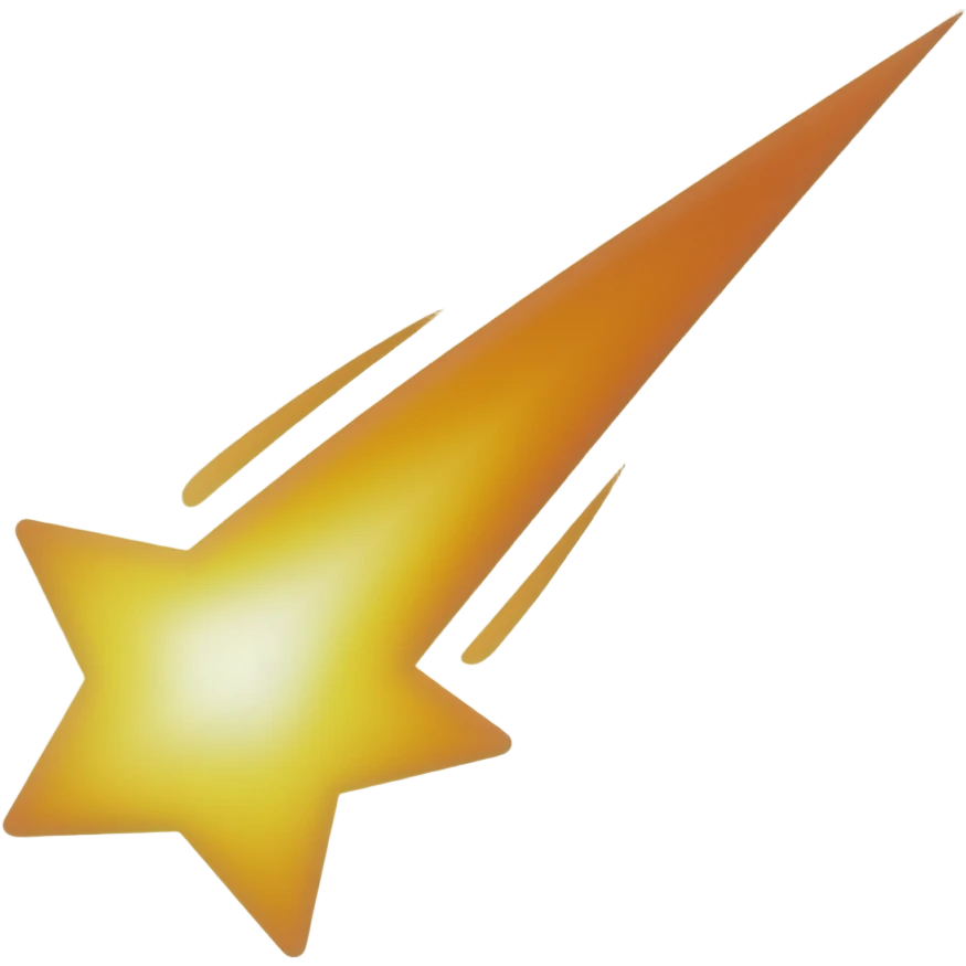 shooting star with a comet-like tail of a yellow-orange hue, transparent background, minimalistic, in the style of modern iOS emoji – soft plastic material, subtle lighting, gentle reflections and glossy highlights emoji