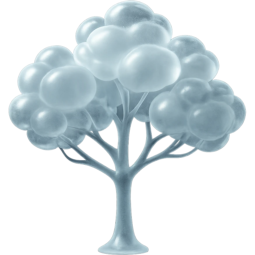 one tree with many branches and a white trunk, crown made of small very bright white fluffy convex clouds, matte glass style emoji