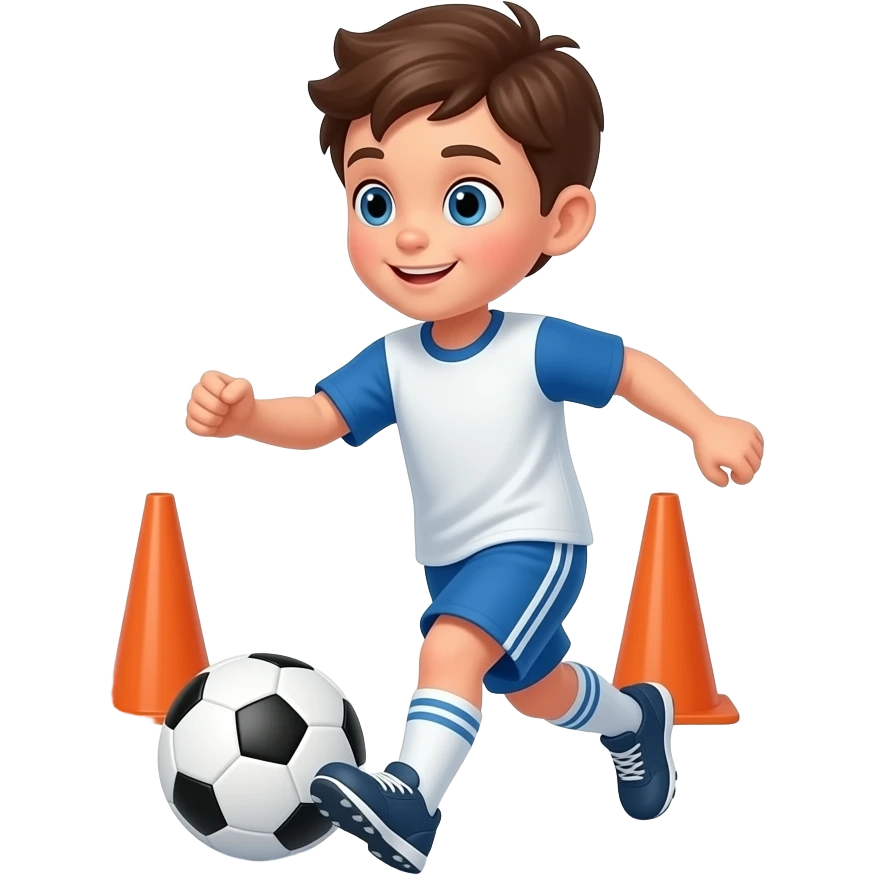 a kid dribbling a ball in between 5* cones by kicking the ball with his feet emoji