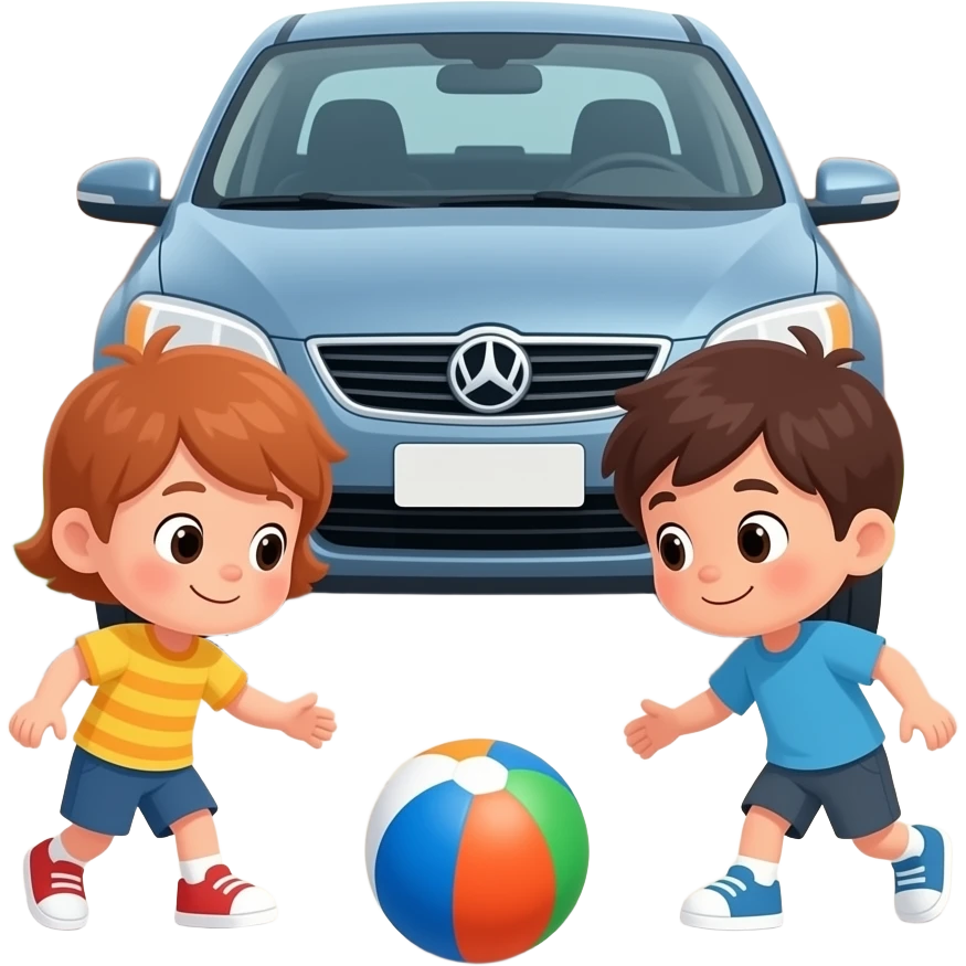 мультяшные дети играют на дороге во дворе перед машиной в мячик emoji