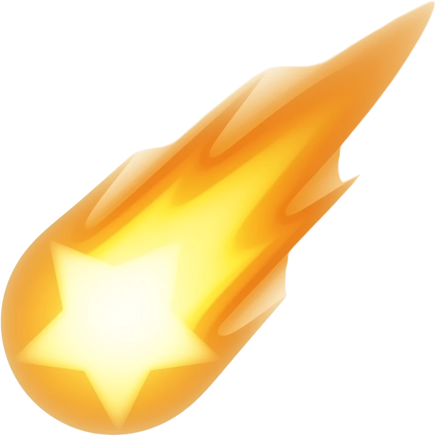 shooting star with a comet-like tail of a yellow-orange hue, transparent background, minimalistic, in the style of modern iOS emoji – soft plastic material, subtle lighting, gentle reflections and glossy highlights emoji