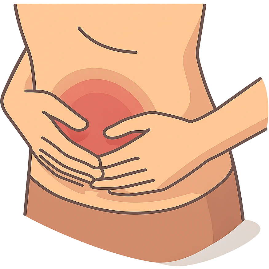 close-up of a person's stomach with hands holding it indicating pain, only stomach and hands visible, no face, 2D isometric illustration style emoji