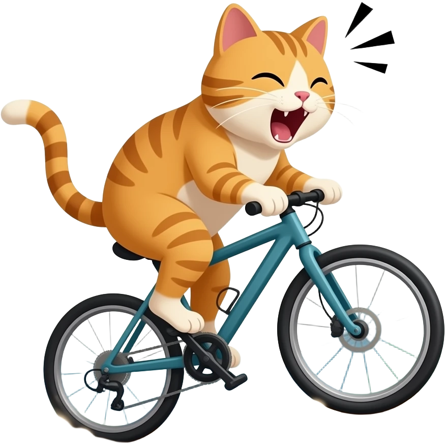 A pussy Cyling down the Hill. Mountains in background, paws off the pedals as dust spray up behind. Pussy yells "no breaks". Stop deleting the back ground emoji