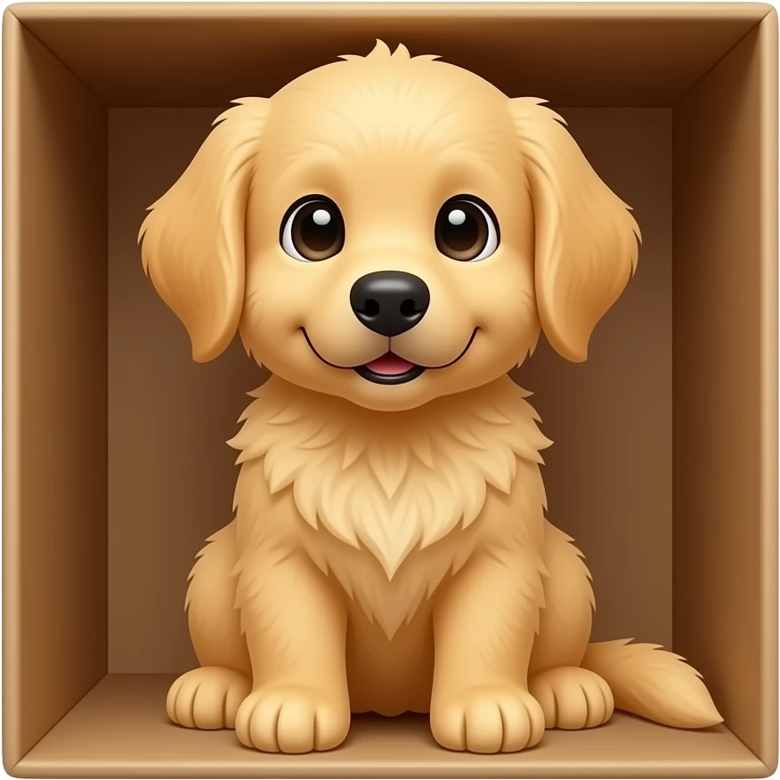 show a cute golden retriever puppy being inside a brown box emoji