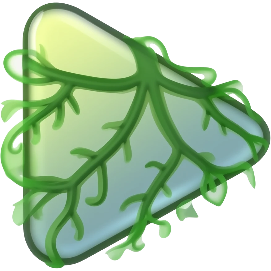 Glossy 3D play button with organic green roots growing out, social media aesthetic, minimalist. emoji