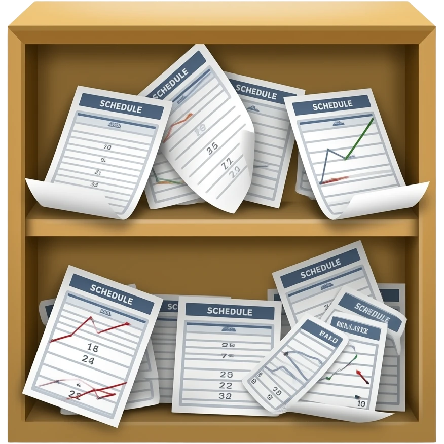 A small shelf with falling schedules emoji