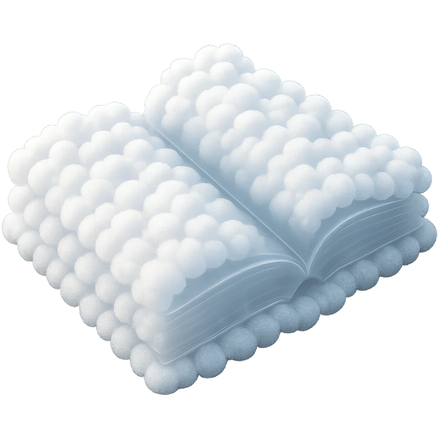 top view of a thick open book made entirely of small, very bright white fluffy convex clouds, matte glass style emoji