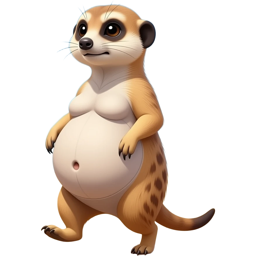 A female Meerkat now wants to give a try to walk,but with her full belly so big she has to hold it up off the ground,it is a guessing game if she is gonna all the way home ,but she knows she is just fat,her bellybutton makes agreement with clues. emoji