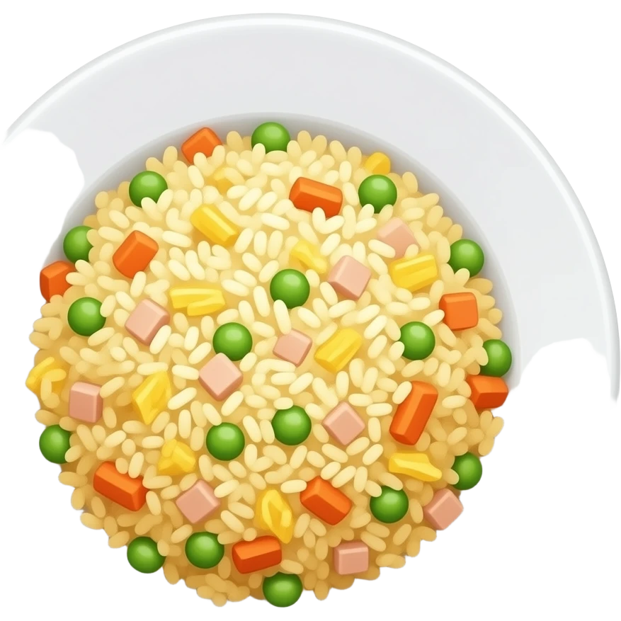 3D emoji style Chinese fried rice on a white plate, 
golden yellow rice mixed with green peas, orange carrot, 
yellow scrambled egg, and small pieces of ham, 
Apple emoji aesthetic, soft highlights, 
transparent background, bold simple shapes emoji