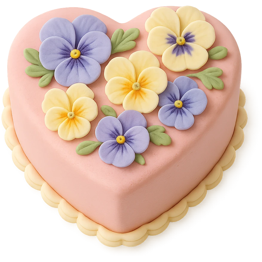 heart-shaped fondant cake with piped pansies emoji