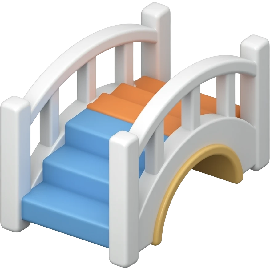 Create a cute 3D emoji icon of a small pet climbing bridge toy with an arched white frame and blue and orange steps. Empty object only. No animal, no character, no face. Soft rounded plastic/wood style, gentle shadows, transparent background, no text. emoji
