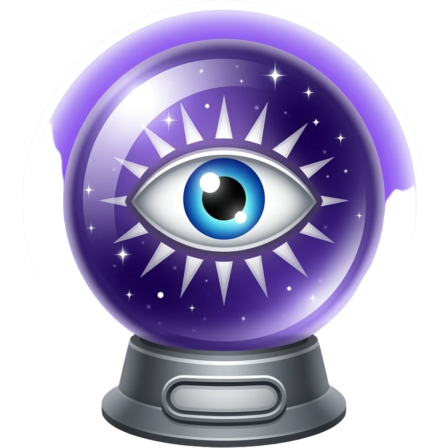 Crystal all-seeing ball on a stand (inside a purple nebula and an all-seeing eye) with sparkles  white light (outside on the edges) emoji