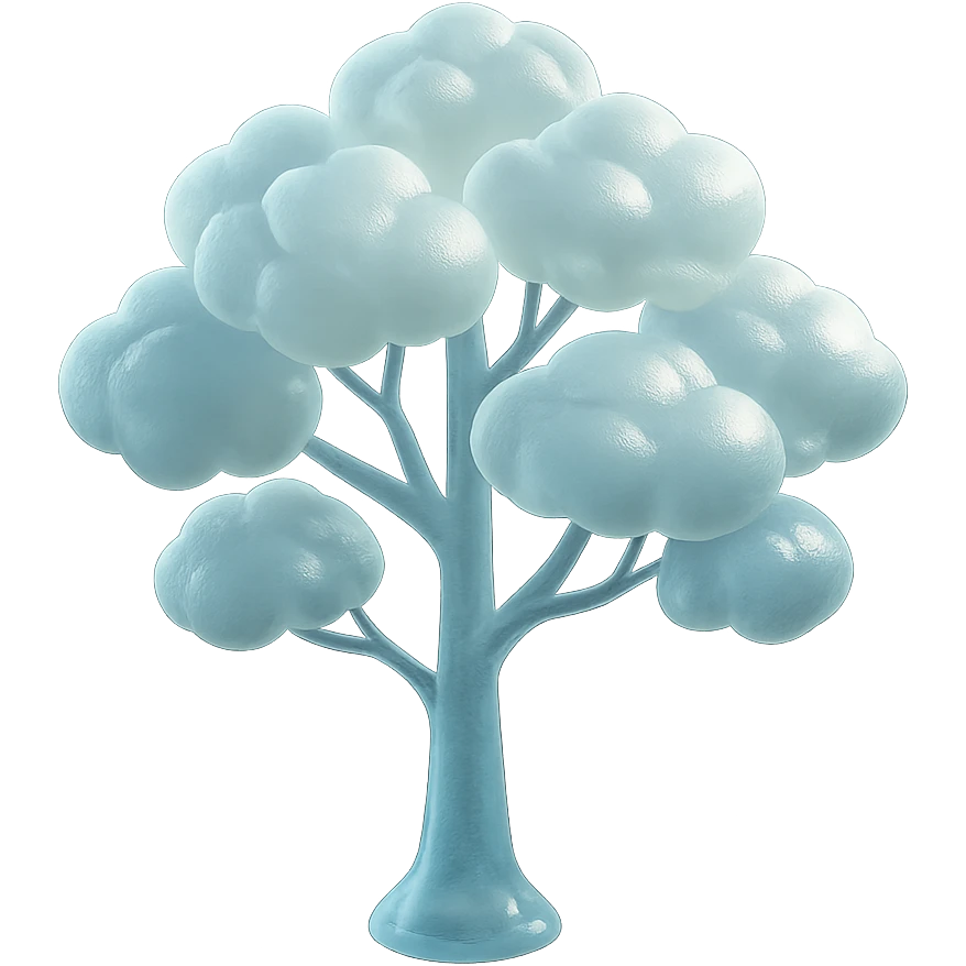 one tree with many branches and a white trunk, crown made of small very bright white fluffy convex clouds, matte glass style emoji