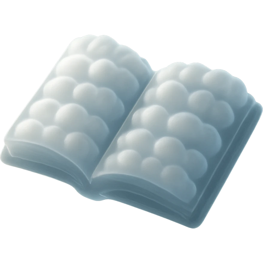 top view of a thick open book made entirely of small, very bright white fluffy convex clouds, matte glass style emoji
