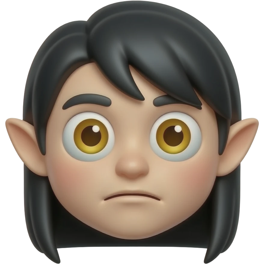 높은색상. 카툰 입체 이모티콘.하얀 피부. 노란 동공 갈색렌즈. 살색 날카로운 귀. 무표정. 큰 눈. 새하얀 피부. 붉은 홍조. 검정 긴생머리. emoji
